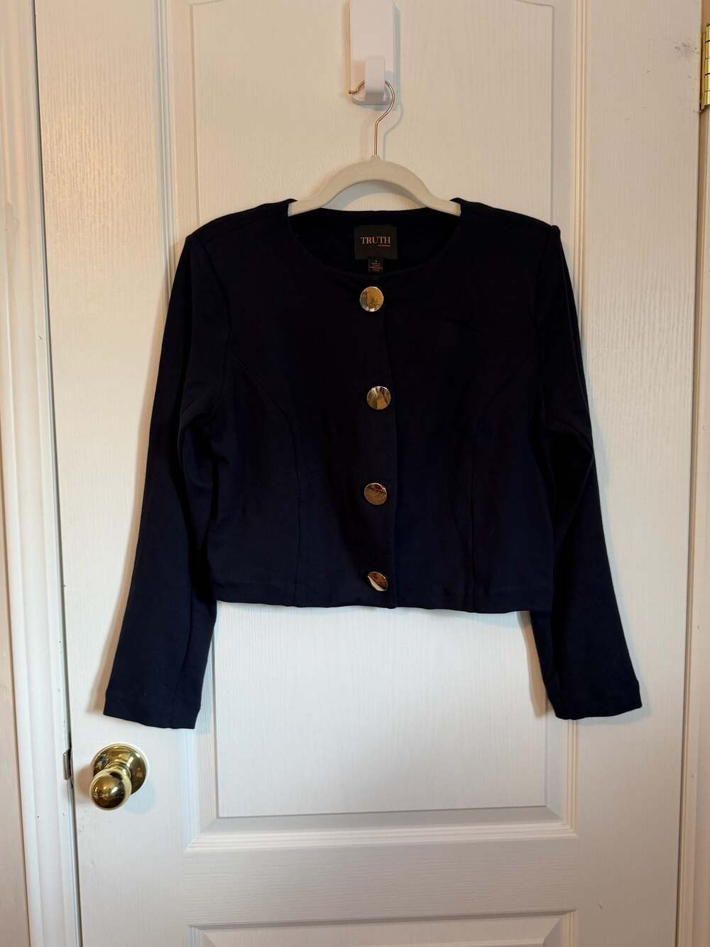 Truth by Republic Women's Navy Blue Crop Blazer Jacket Gold Accent Buttons Size